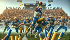 Generate a realistic HD photo of an intense sports game titled 'Unbelievable Victory: Marion Local Dominates the Field!'. The home team, clad in their classic blue and gold uniforms, are making power plays, showing incredible athleticism and team coordination. Fans cheer enthusiastically, holding banners and foam fingers. The atmosphere is electric with the promise of victory. The sky above the stadium is clear, creating the perfect backdrop for this unforgettable sports event.