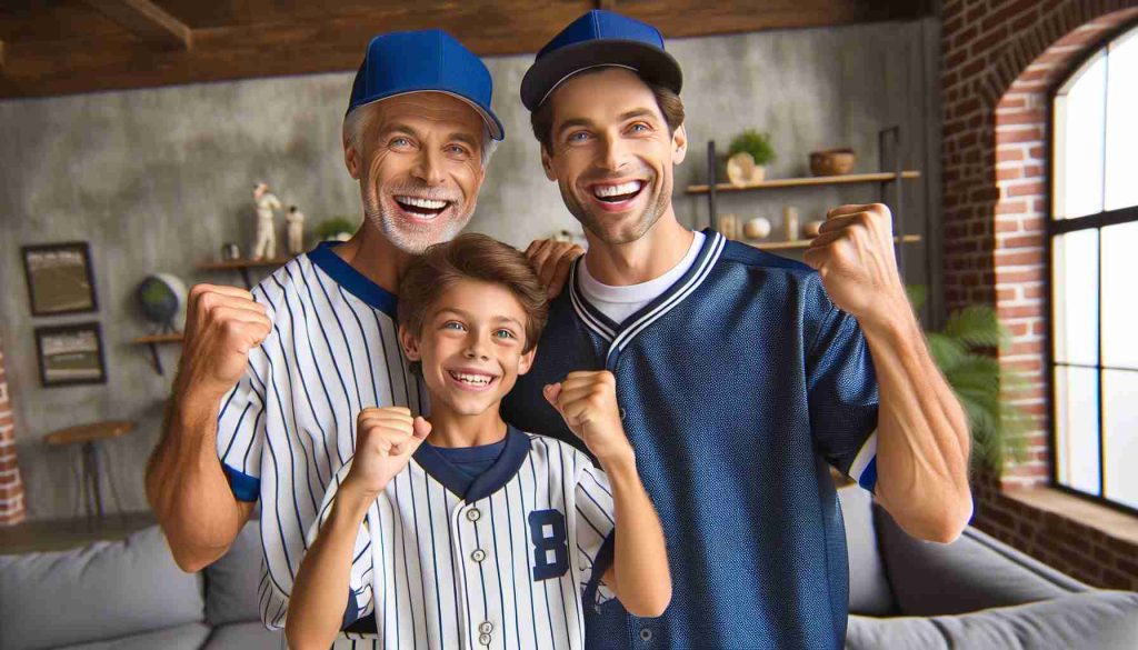 High-definition image representing a historic trading moment! A cheerful father and son duo celebrating their joining with a renowned baseball team dressed in navy blue and white outfits. The father, a seasoned baseball player, and the son, showing promising skills, rejoicing in their new jerseys, exuding joy and fulfillment.