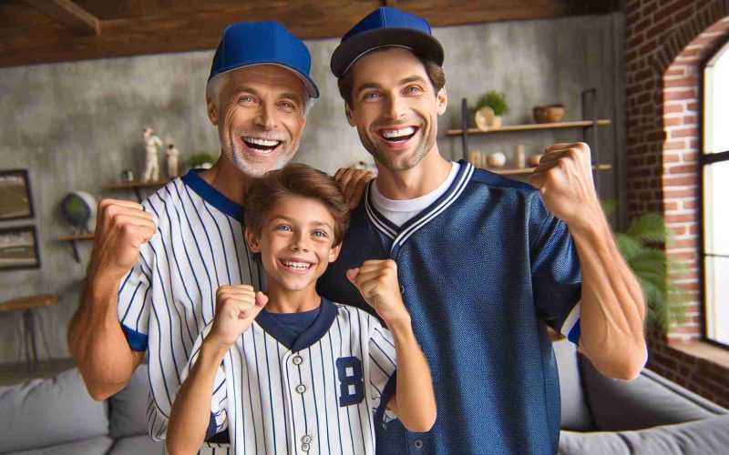 High-definition image representing a historic trading moment! A cheerful father and son duo celebrating their joining with a renowned baseball team dressed in navy blue and white outfits. The father, a seasoned baseball player, and the son, showing promising skills, rejoicing in their new jerseys, exuding joy and fulfillment.