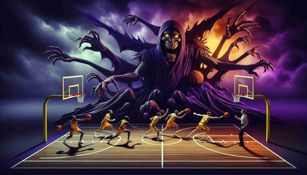 High-definition image of a symbolic representation of a basketball team's defensive struggles. The image should feature ominous elements symbolizing 'nightmare' and communication barriers. In the scene imagine a court with players in yellow and purple outfits, attempting to guard an incoming offense, but their spacing and coordination seem off - mirroring a lack of communication. Their opponents can be seen enjoying the loose defense, easily manoeuvring through. This image can also integrate a scoreboard showing a severe point disadvantage, to underline the poor performance.