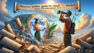 Photorealistic, high-definition illustration of a whimsical scene symbolizing discovery in the stock market. An explorer, a Caucasian male with binoculars, scans a detailed landscape of paper scrolls, each adorned with different stock market analytics. Meanwhile, behind him, a South-Asian female investor gazes at a large gleaming gem she's just unearthed, holding it up to the sunlight, the gem shines illuminating the intricate financial allusions inscribed on its surface. The phrase 'Discover Hidden Gems in the Stock Market! Unleash Your Inner Investor Today!' is artistically inscribed in the sky in a beautiful, motivating typography.