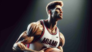 A realistic high-definition image of a star basketball player from a well-known team based in Miami showing resilience amidst challenges. Can they bounce back? The image should depict a tall, physically fit individual, wearing Miami's iconic red, white, and black jersey, with their focus directed towards an unseen basketball hoop.