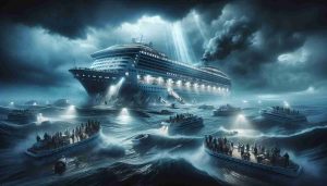 A high-resolution, realistically-rendered scene of a dramatic event on a large cruise ship on the ocean. The atmosphere is gloomy, filled with tension and anxiety as passengers and crew discover that a passenger is missing. The ocean is turbulent with heavy waves, symbolizing the tragic event. Dark clouds loom over the scene, and the cruise ship is lit with spotlights intensifying the urgency of the situation.