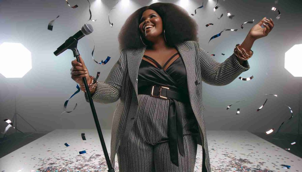 Generate a realistic HD image of a joyful plus-sized Black female musician, celebrating a legal victory. She is wearing fashionable attire, standing on a stage with a microphone in her hand and is surrounded by confetti.