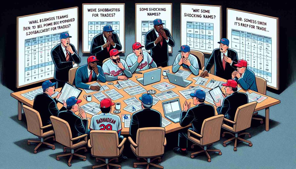 An illustrative depiction of a baseball trading scene. Imagine a group of baseball team members, with varied descents such as Caucasians, African-Americans, and Hispanics, earnestly discussing potential trading strategies at a table loaded with player stats on laptop screens, papers, and whiteboards. There's a flabbergasted expression on the faces of some players, suggesting that some shocking names have been proposed for trades. The setting is taking place in an indoor, professional sports team office. Maintain an air of suspense and surprise to symbolize the shocking revelations. Ensure the image has the quality and detail level of a realistic HD photo.