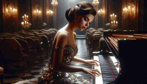 High-definition, realistic image of a renowned actress known for her striking features and versatility. She is immersed in a musical transformation which depicts a challenging role. She is seated at a grand piano, her fingers dancing over the keys, a look of concentration etched on her face, while her body language exudes confidence. She's dressed in an elegant, sequin-glistening gown, her brunette hair styled intricately. The surroundings reflect a luxurious performance venue, with elaborate decor, velvet curtains and soft, dramatic lighting creating a captivating atmosphere.