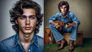 Realistic HD photo of a stunning transformation: from a heartthrob young man with wavy brunette hair and fair skin to a folk icon with rustic charm and a distinctly 60s attire, featuring denim garments, cowboy boots, and a harmonica in hand.