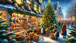 Create a realistic, high-definition image capturing the essence of a Dutch Christmas. This image should depict Dutch people (of diverse desents and genders) engaging in traditional practices. It might include elements such as decorated wooden shoes, elaborately decorated Stroopwafel cookies, lush green Christmas trees adorned with Dutch ornaments, holly branches, and vibrant lights. The scene could be set in a lively, festively decorated Dutch street, possibly with a sprinkling of light snow on the ground, and people warmly dressed for the winter. Let the image demonstrate the surprise element of Dutch Christmas traditions!