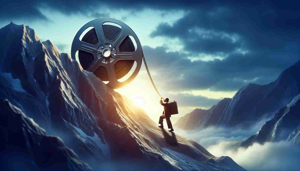 Realistic HD image of the inspiring journey of a prominent Canadian filmmaker, portrayed metaphorically possibly as a man carrying a large reel of film up a mountain. Emphasize the sense of hope and passion, as if he is the last beacon in the world of cinema.