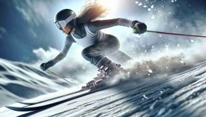 A high-definition, realistic image of a professional female skier, comparable in skill and renown to top athletes. She's magnificently poised at the top of a snow-laden mountain slope, demonstrating determination and readiness to face the challenging course ahead. Excitement and a daring comeback vibe are palpable in the icy air.