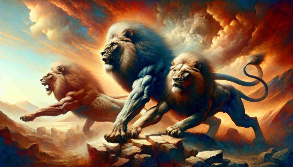 Generate a HD photo of a metaphorical scene - the classical representation of lions. Show them in a resilient pose, gearing up for an important battle. The scene should capture the intensity and anticipation of a major showdown. The art style should be ultra-realistic to emphasize the dramatic weight of the scenario.