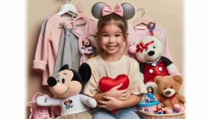 High definition, realistic image of an adorable young girl showcasing her love for all things Disney. She is seen happily posing with various Disney-themed items such as stuffed animals, clothing, and accessories. Her charm and enthusiasm are simply heart-stealing.