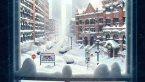 Generate a realistic, high-definition image representing the disruption of education due to winter weather. Depict the scene filled with snow-covered school buildings, closed due to snowstorm. Show adjacent streets difficult to traverse with thick layers of snow, signaling delays for students who attempt to commute. Infuse the environment with elements like signs of school closure, and children looking out of their windows with mixed feelings of excitement for a snow day and disappointment from missing school activities.