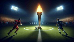 A high definition image portraying a symbolic scene of a soccer match. The focus is on a metaphorical torch that represents the title of top goal scorer. The torch is at the center of the field, bathed in a spotlight. Approaching the torch are two football players of equal skill; one is a Hispanic woman in a blue uniform, and the other is a Caucasian man in a red uniform. They appear ready for a duel to claim the symbolic torch. The stadium crowd around them is animated and filled with anticipation.