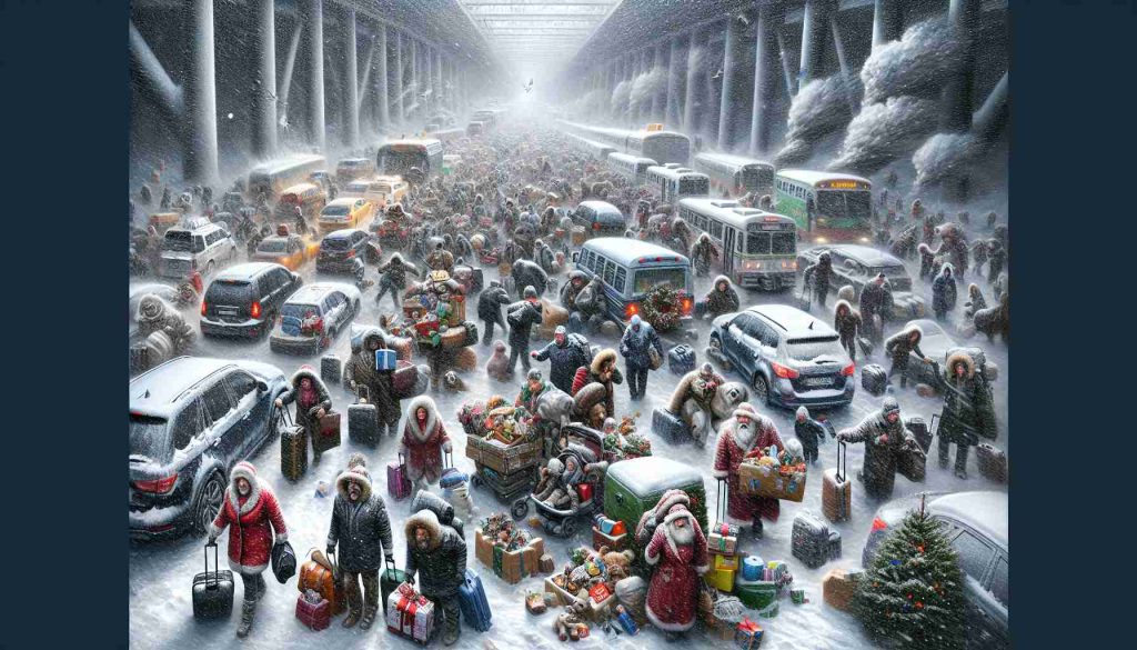 An extremely detailed and realistic high-definition image portraying a scene of holiday travel turmoil. The scene should include a dense flurry of snow and heavy rainfall significantly hampering visibility. An array of holiday travelers, clad in winter garments, carrying luggage, presents, and holiday foods, looking troubled and doing their best to navigate the severe weather conditions. There are ambiguous transport modes in the background, such as vehicles and public transport, all struggling to forge ahead through the severe weather.