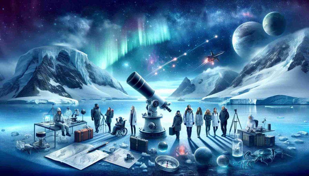 Create a realistic, high-definition image of a grand exploration event titled 'Discover the Secrets of the Universe!' This venture showcases a live broadcast from the stunning icy landscapes of Antarctica. Involve an engaging mix of science equipment, study maps, and a number of expedition members, both male and female of different descents such as Caucasian, Middle-Eastern, Hispanic, South Asian, and Black. Depict a beautiful Antarctic backdrop, with the aurora lights dancing in the night sky. Astronomical elements such as telescopes and star charts should be visible, emphasizing the exploration of the Universe. A sense of adventure, mystery, and fascination should manifest through this image.