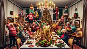 Create a realistic, high-definition image that embodies the spirit of a holiday drama. The scene should depict a quirky family holiday gathering at its peak of chaos and excitement. Feature a grand table decked with festive foods and decorations, a Christmas tree laden with unusual ornaments, multiple expression-filled characters of different genders and descents representing a family in the throes of a very off-beat, funny, and tumultuous celebration. Capture the air of hilarity and bewildering familial relationships that are both awkward and endearing, creating a visceral sense of 'Dysfunction at Its Finest!'.