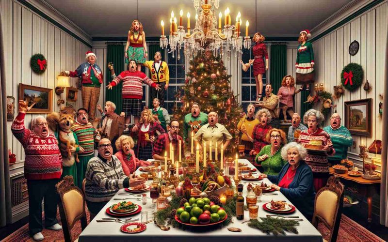 Create a realistic, high-definition image that embodies the spirit of a holiday drama. The scene should depict a quirky family holiday gathering at its peak of chaos and excitement. Feature a grand table decked with festive foods and decorations, a Christmas tree laden with unusual ornaments, multiple expression-filled characters of different genders and descents representing a family in the throes of a very off-beat, funny, and tumultuous celebration. Capture the air of hilarity and bewildering familial relationships that are both awkward and endearing, creating a visceral sense of 'Dysfunction at Its Finest!'.