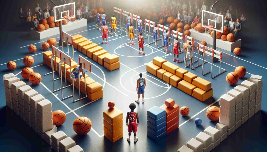 High definition, realistic image of a metaphorical scene depicting a basketball team (Nuggets) facing significant challenges, represented by hurdles or obstacles. The context suggests an important confrontation or match ahead. Include symbolism related to Basketball such as a court, basketballs, jerseys, and hoops.