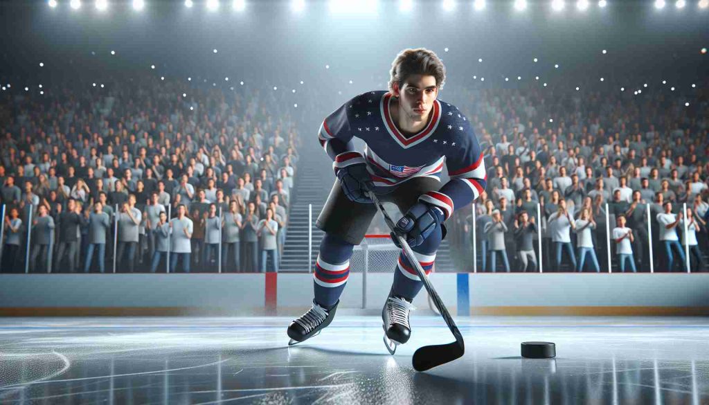 High definition, realistic image of a young hockey player who's rising as a fresh talent in the national league. He's wearing a professional ice hockey uniform and skating effortlessly on the ice, with the crowd in the background passionately cheering him on. In his possession is a hockey puck and he's preparing to make a power shot towards the goal. His determined stare is towards the end of the playing field, expressing his intention to give the best performance possible.