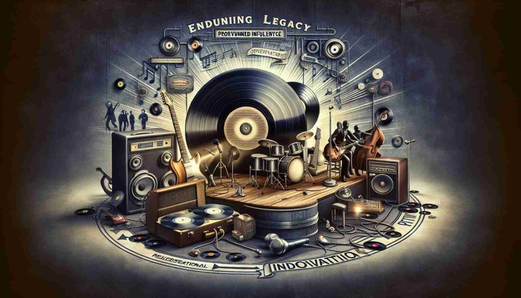 A high-definition, realistic representation of the enduring legacy of a fictitious band celebrated for their innovation. Notably, the image illustrates elements representing prolonged influence, such as records or vinyl spinners, musicians with instruments indicative of the band's genre a drum set, guitars etc., and a nostalgic backdrop signifying a timeless connection to the music world.