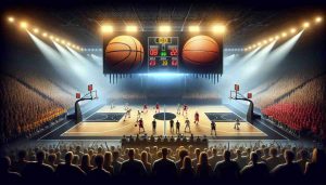 Create a realistic HD image that represents the narrative of a professional basketball league experiencing intense competition. The focus should be on two major, unmissable matchups, with an atmosphere of anticipation. The scene can include basketball courts, scoreboards, basketballs, team logos, and crowds of fans. No specific teams or players should be named or depicted.