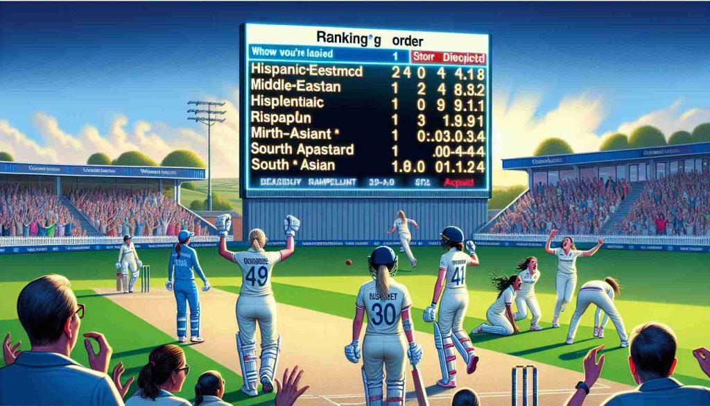 A high-definition, realistic illustration depicting a significant event in women's cricket, where the ranking order is notably disrupted. The scene includes the scoreboard showing unexpected results, players expressing their emotions on the field, and spectators reacting to this major upset. Please ensure the cricket players and spectators are from a wide range of descents including but not limited to Hispanic, Middle-Eastern, South Asian, and White. Also, ensure that the scene reflects the vibrant, unique energy of women's cricket.