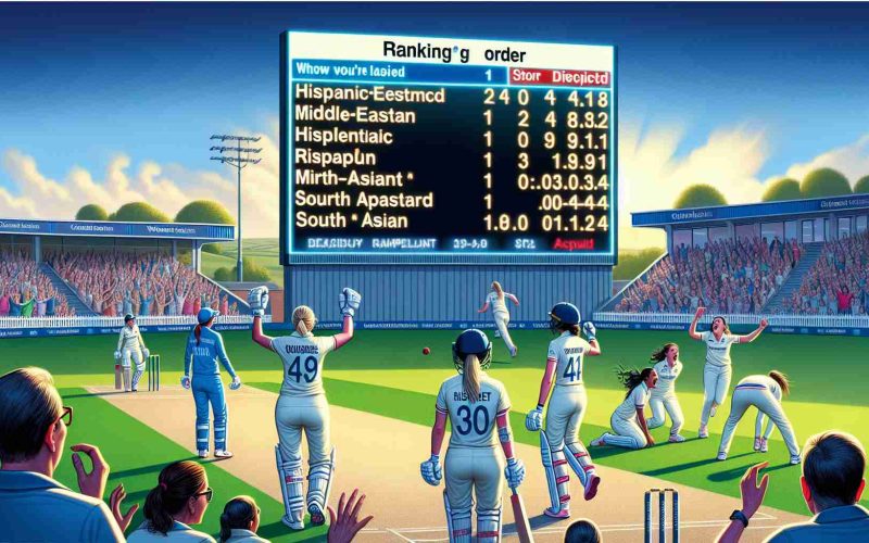 A high-definition, realistic illustration depicting a significant event in women's cricket, where the ranking order is notably disrupted. The scene includes the scoreboard showing unexpected results, players expressing their emotions on the field, and spectators reacting to this major upset. Please ensure the cricket players and spectators are from a wide range of descents including but not limited to Hispanic, Middle-Eastern, South Asian, and White. Also, ensure that the scene reflects the vibrant, unique energy of women's cricket.