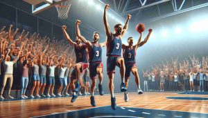 Realistic high-definition image of a celebrating basketball team triumphing in a game without their main player. The team members are bouncing up and down, fists pumped in the air. They are at a brightly lit indoor basketball court. All around, fans are cheering, some holding signs that ask, 'Can They Keep It Up?'