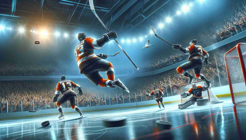 Realistically detailed high-definition illustration of an incredible sports event showing decisive moments in a thrilling ice hockey game. The 'Flyers', an ice hockey team dressed in orange and black, are making a spectacular comeback in the last minute of the game, stunning their opponents and exciting their fans.