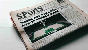 Detailed and high-definition photo of a newspaper sports section. The headline reads 'Shocking News from the Celtics! Key Player Missing in Action!'. The edges of the newspaper are slightly frayed, indicating frequent use. The article includes a photo of an empty basketball court, invoking the absence of a key player from the match.