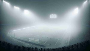 Generate a high-definition, realistic image representing an unexpected scenario where a sports match is being suspended due to heavy fog. The field of play is veiled in a dense, gray mist, making visibility almost impossible. The expressions on the players' faces reveal their astonishment and disappointment. Spectators in the stands are also taken aback, murmuring among themselves and waiting for the fog to clear. The stadium lights pierce through the fog casting a ghostly glow across the scene. Even the scoreboard is barely visible through the fog.