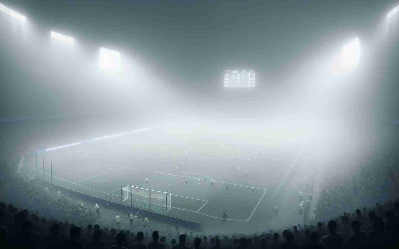 Generate a high-definition, realistic image representing an unexpected scenario where a sports match is being suspended due to heavy fog. The field of play is veiled in a dense, gray mist, making visibility almost impossible. The expressions on the players' faces reveal their astonishment and disappointment. Spectators in the stands are also taken aback, murmuring among themselves and waiting for the fog to clear. The stadium lights pierce through the fog casting a ghostly glow across the scene. Even the scoreboard is barely visible through the fog.