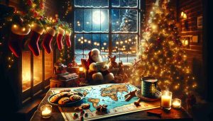 Create a detailed, high-definition image that captures the exciting tradition of tracking Santa Claus during the holiday season. The scene should include a warm, festive room with a backdrop of falling snow visible from a large window. On a table, lay a world map marked with various routes, a steaming mug of hot cocoa, and a plate of freshly baked cookies. The glow from a decorated Christmas tree fills the room and reflects off the excited faces of children eagerly awaiting Santa's journey across the globe. Include a banner at the top or bottom of the image with the phrase 'Get Ready to Track Santa! A Holiday Tradition You Can’t Miss!'