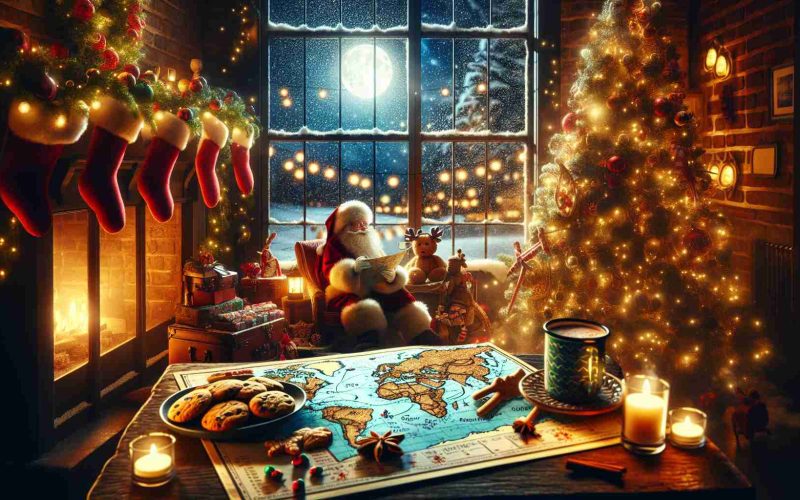 Create a detailed, high-definition image that captures the exciting tradition of tracking Santa Claus during the holiday season. The scene should include a warm, festive room with a backdrop of falling snow visible from a large window. On a table, lay a world map marked with various routes, a steaming mug of hot cocoa, and a plate of freshly baked cookies. The glow from a decorated Christmas tree fills the room and reflects off the excited faces of children eagerly awaiting Santa's journey across the globe. Include a banner at the top or bottom of the image with the phrase 'Get Ready to Track Santa! A Holiday Tradition You Can’t Miss!'