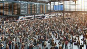 Create a high definition, realistic scene depicting a bustling train station in a state of chaos. Bustling crowds of diverse travelers from all backgrounds and genders are frustrated and visually upset over their travel delays. Displays show numerous postponed train departures and cancellations, and the overworked station staff are in a frenzy trying to manage the situation.