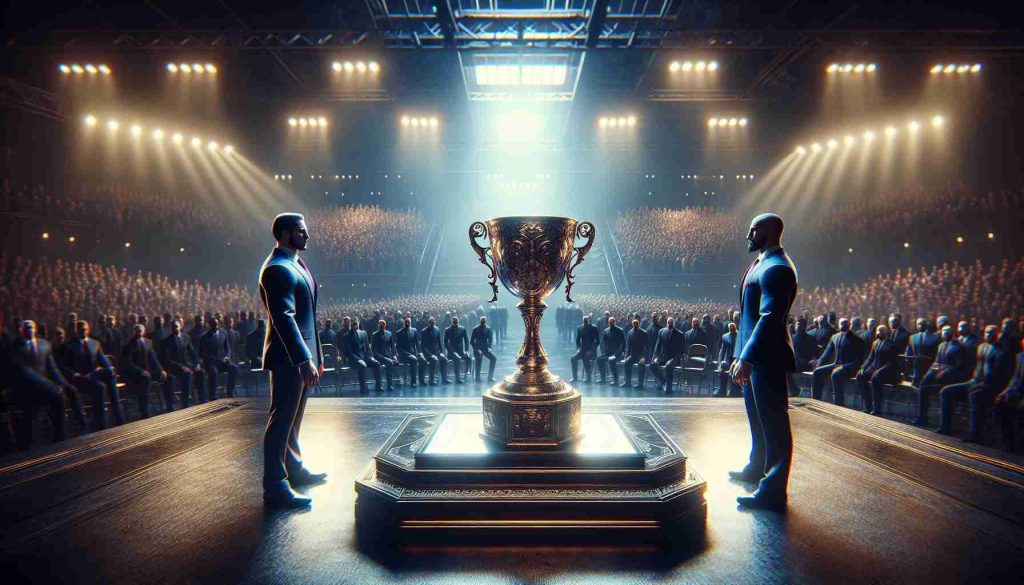 A high definition photograph capturing the intense atmosphere of a large scale competition. Two distinguished figures, evenly matched, ready to face off in the ultimate showdown. In the middle, gleams a display table, on it rests a gleaming trophy, engraved with intricate symbols of honor and power. The crowd in the background is buzzing with anticipation, waiting breathlessly for that momentous occasion of who will lift the champions' trophy first. The setting is doling out an irresistible aura of suspense, fascination and excitement.