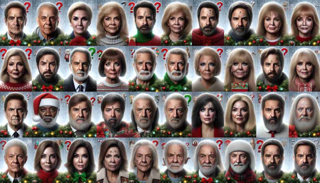 A high-definition photorealistic collage that shows the different actors presumed from the cast of a fictional holiday-themed movie. Each actor is depicted older, indicating they have aged over time. Surrounding each actor are a series of question marks, arrows, and other symbols suggesting surprise and change. Each actor is portrayed in a winter setting, indicating the theme of the movie. Please note that no specific actors or actresses are pointed out, maintaining their privacy.