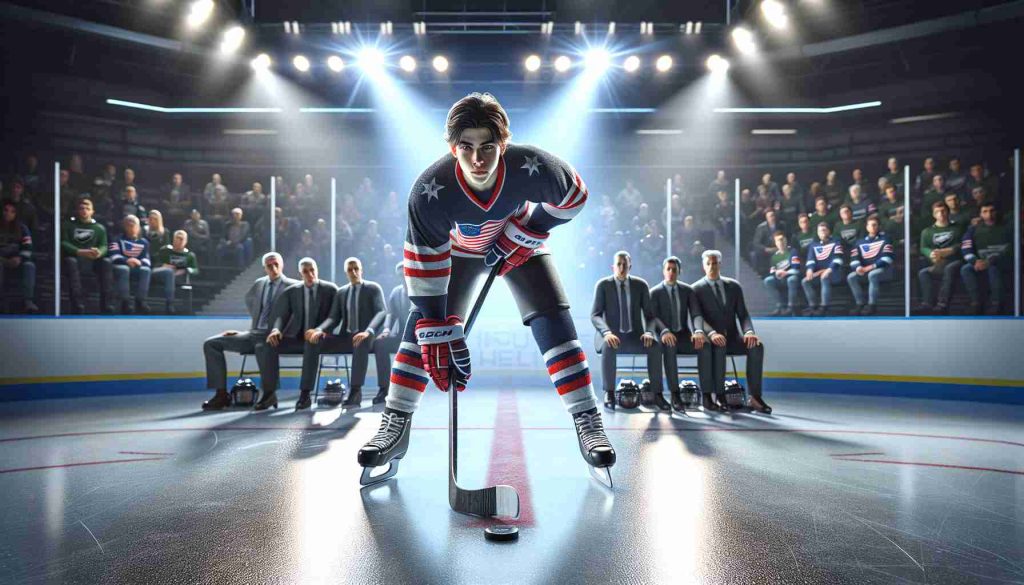 Realistic high-definition image of a young Caucasian male ice hockey player, adorned in sporting attire and gear, centered under a spotlight on a professional ice hockey rink. He is poised and ready to display his skills, with the focus and determination visible on his face. In the background, the blurred figures of his team members, coaches, and scouts observe him attentively, symbolizing them 'watching' his performance. A large screen above shows the suspenseful headline: 'Can the young talent shine in his big opportunity? His team is watching!'