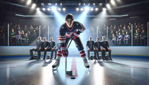 Realistic high-definition image of a young Caucasian male ice hockey player, adorned in sporting attire and gear, centered under a spotlight on a professional ice hockey rink. He is poised and ready to display his skills, with the focus and determination visible on his face. In the background, the blurred figures of his team members, coaches, and scouts observe him attentively, symbolizing them 'watching' his performance. A large screen above shows the suspenseful headline: 'Can the young talent shine in his big opportunity? His team is watching!'