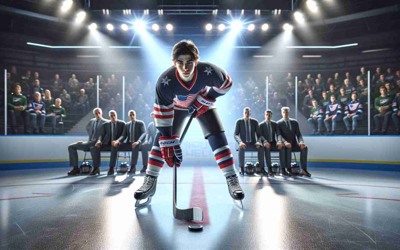 Realistic high-definition image of a young Caucasian male ice hockey player, adorned in sporting attire and gear, centered under a spotlight on a professional ice hockey rink. He is poised and ready to display his skills, with the focus and determination visible on his face. In the background, the blurred figures of his team members, coaches, and scouts observe him attentively, symbolizing them 'watching' his performance. A large screen above shows the suspenseful headline: 'Can the young talent shine in his big opportunity? His team is watching!'