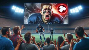 A realistic HD picture of a worried crowd of sports fans, reacting to the news of a severe injury of a popular American football player. Their faces expressing anxiety and concern while watching a game on a big screen, as an avatar of a non-specific athlete on the screen appears with a medical icon indicating injury.