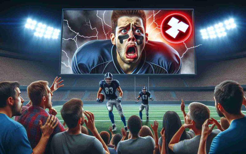 A realistic HD picture of a worried crowd of sports fans, reacting to the news of a severe injury of a popular American football player. Their faces expressing anxiety and concern while watching a game on a big screen, as an avatar of a non-specific athlete on the screen appears with a medical icon indicating injury.