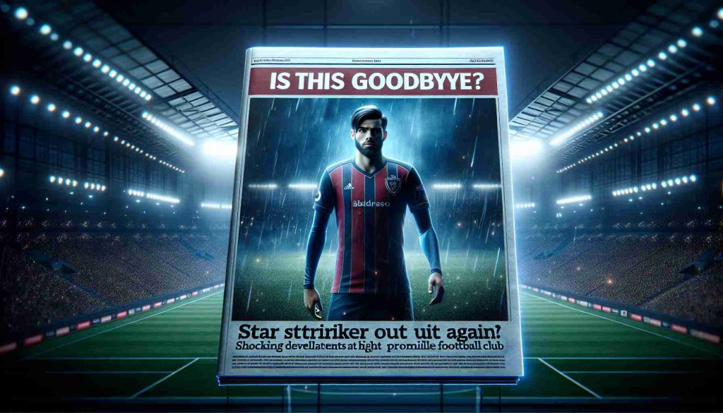 A high-definition, hyper-realistic image representing a sensational headline about a famous football player's unexpected departure from a well-known soccer team. The headline reads, 'Is This Goodbye? Star Striker Out Again! Shocking Developments at High Profile Football Club.' In the background, a dimly lit, grand football stadium is a part of the scene.