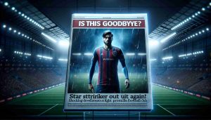 A high-definition, hyper-realistic image representing a sensational headline about a famous football player's unexpected departure from a well-known soccer team. The headline reads, 'Is This Goodbye? Star Striker Out Again! Shocking Developments at High Profile Football Club.' In the background, a dimly lit, grand football stadium is a part of the scene.