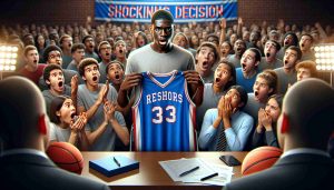 A realistic, high-definition image scene depicting a surprising moment at a high school basketball recruit announcement. In the center, is a top high school basketball recruit, a Black male, holding up a jersey from an unexpected choice of school, surprising everyone around. In the background, a mixed crowd of various ages and genders, of Hispanic, Caucasian, and Asian, showing reactions of absolute shock and awe. There's a banner in the background reading 'Shocking Decision', emphasizing the unexpected turn of events. Ensure details like the sheen on the jersey, the expression on the recruit's face, and the crowd reactions are clearly visible.