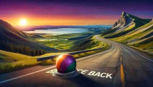 A high-definition realistic image of a metaphor symbolizing 'Montana State Bounce Back'. Imagine a bouncing ball traveling on a winding road that stretches into vibrant landscapes of Montana – ranging from its rocky mountains, to its rolling green hills, and serene lakes. A setting sun colors the sky shades of orange, purple, and pink to signify the continuation of the road trip. Put emphasis on the joy, resilience, and anticipation of discovery in this journey.