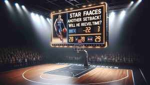 Create a high-definition realistic image of a basketball court with a large electronic scoreboard. The scoreboard is displaying a news alert about an injury to a star basketball player from the 'nuggets' team. The alert reads: 'Star Faces Another Setback! Will He Recover in Time?'