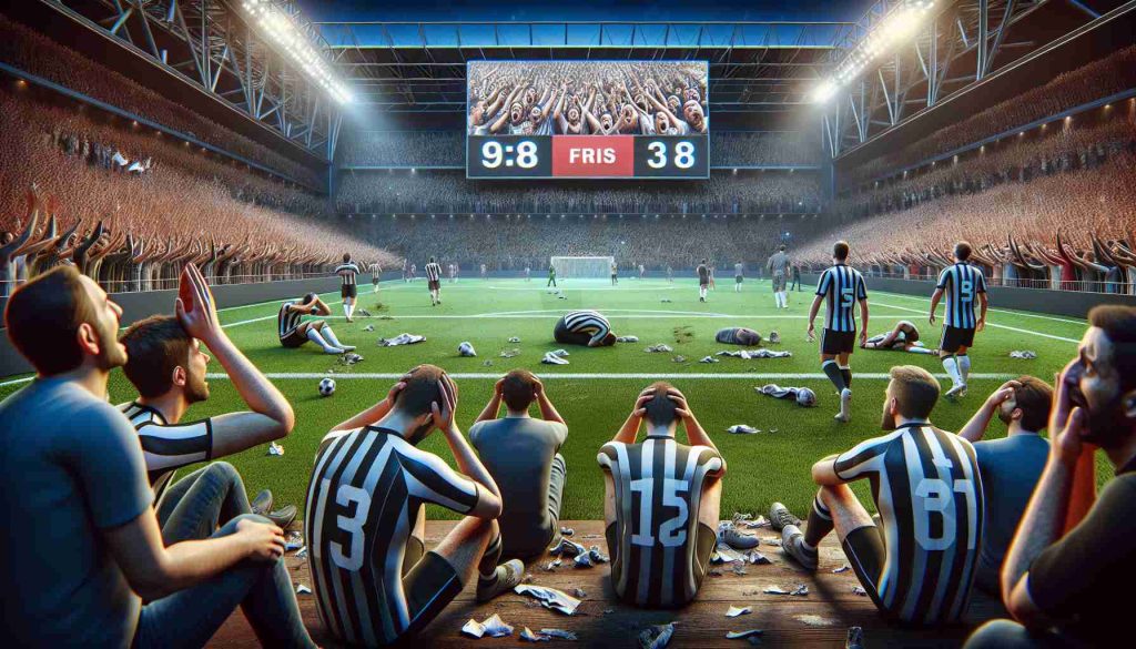 Realistic high-definition photo illustration representing a surprising defeat of a high-profile competitive football team. Visualize dejected players on the field, the reaction of fans — a mix of shock and disappointment — in the stands, the score projected onto a gigantic screen in the background, and a general air of disbelief permeating the entire scene.