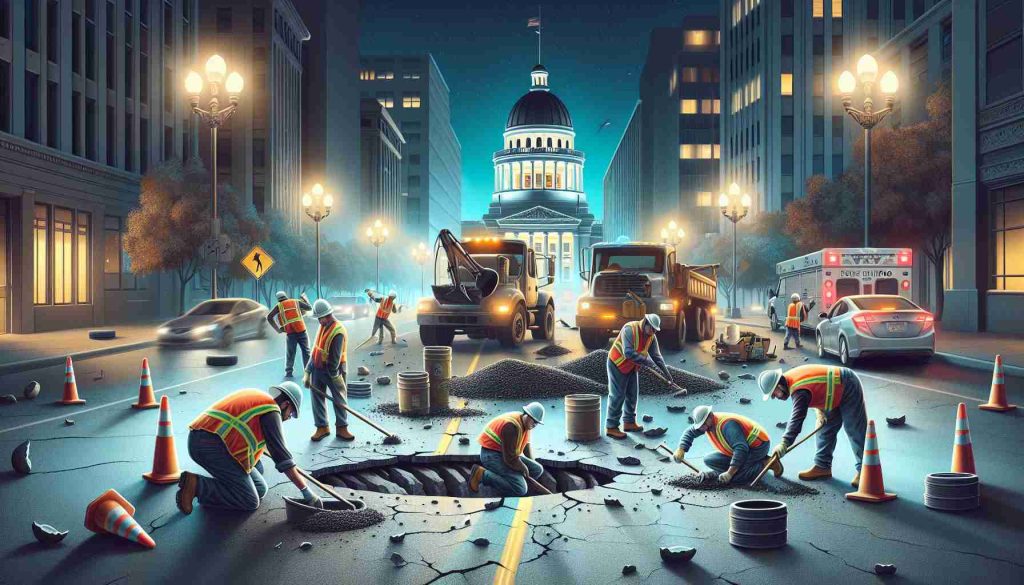 Create a realistic high-definition image that showcases the predicament of potholes in a city during nighttime. Imagine a scene in Fresno, an everyday city, where the authorities are actively dealing with this potholes issue. Illustrate city workers in their safety vests and hard hats, repairing the roads under the surreal glow of the street lights, with various tools and machines around them. They are filling the potholes that are scattered randomly on the roads while vehicles are cautiously bypassing the repair site.